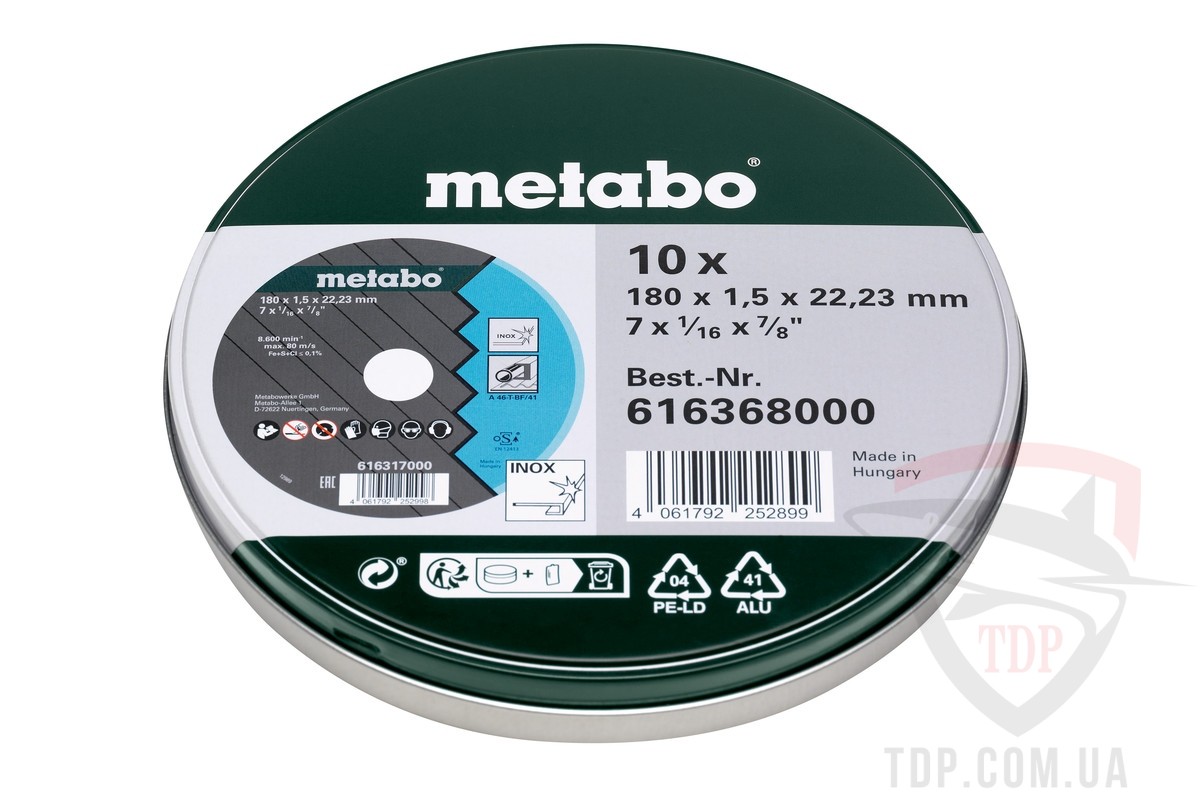 Абразивно-шлифовальный инструмент Диски відрізні по сталі Metabo InoxTF4 180x1.5x22.2мм 10шт (616368000)
