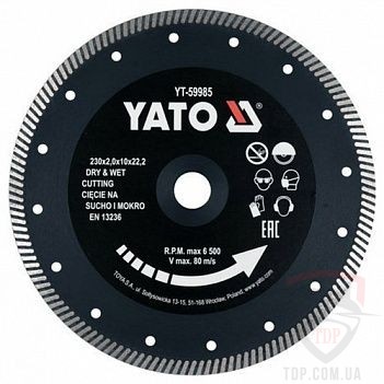 Алмазные диски Диск алмазний по кераміці турбо YATO 230x22.2x2 мм (YT-59985)