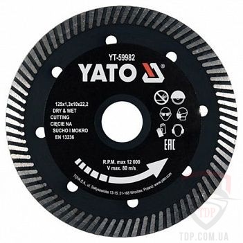 Алмазные диски Диск алмазний по кераміці турбо YATO 125x22.2x1.3 мм (YT-59982)