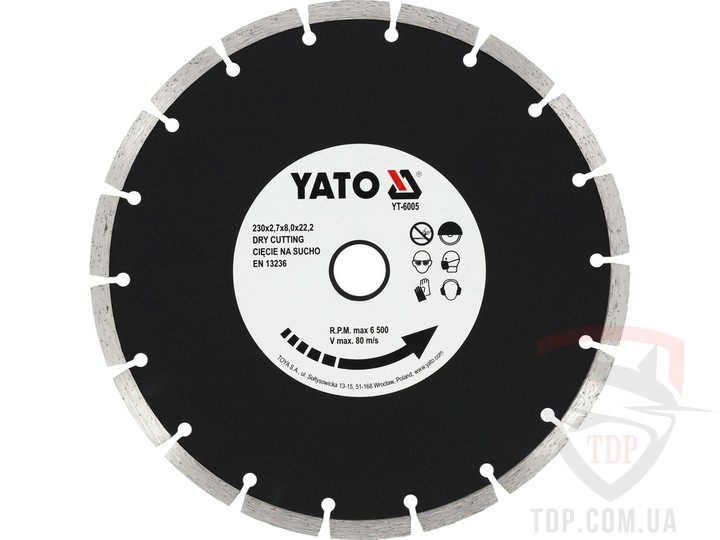 Алмазные диски Диск алмазний сегмент YATO SEGMENT 230x2.7x8x22.2мм (YT-6005)