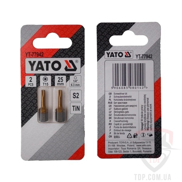 Биты и адаптеры Біта YATO TORX T15 25 мм з титановим покриттям 2 шт (YT-77942)