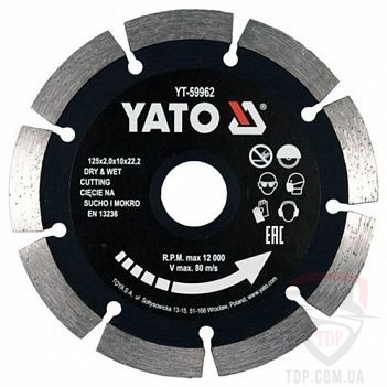 Алмазные диски Диск алмазний сегментний по каменю і бетону YATO 125x2x10x22.2 мм (YT-59962)
