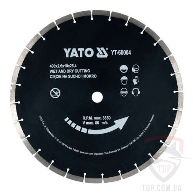 Алмазные диски Диск алмазний сегментний по бетону YATO 400x25.4x2.6мм (YT-60004)