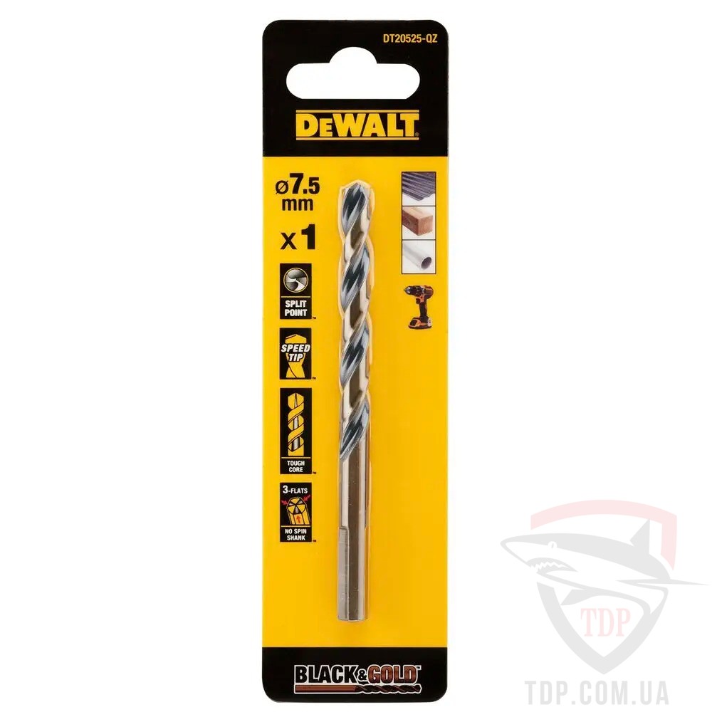 Сверла Cвердлo по металу DeWALT EXTREME BLACK&GOLD HSS-G 7.5x109 мм (DT20525)