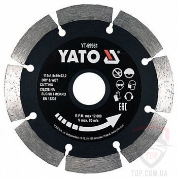 Алмазные диски Диск алмазний сегментний по каменю і бетону YATO 115x1.8x10x22.2 мм (YT-59961)