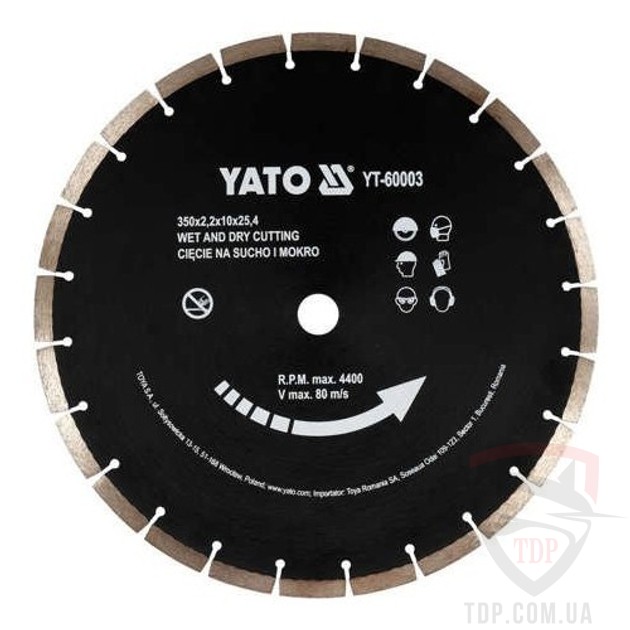 Алмазные диски Диск алмазний сегментний по бетону YATO 350x25.4x2.2мм (YT-60003)