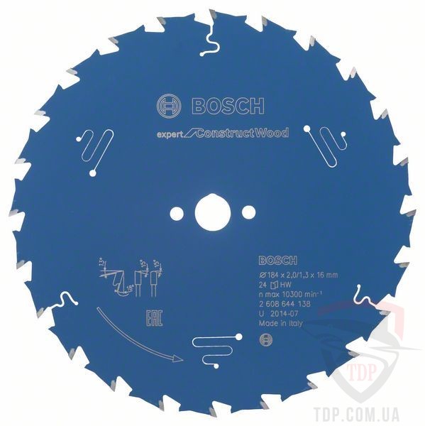 Оснастка Пильний диск по будівельній деревині Bosch 184x16x24z K2/1.3 Expert for Construct Wood