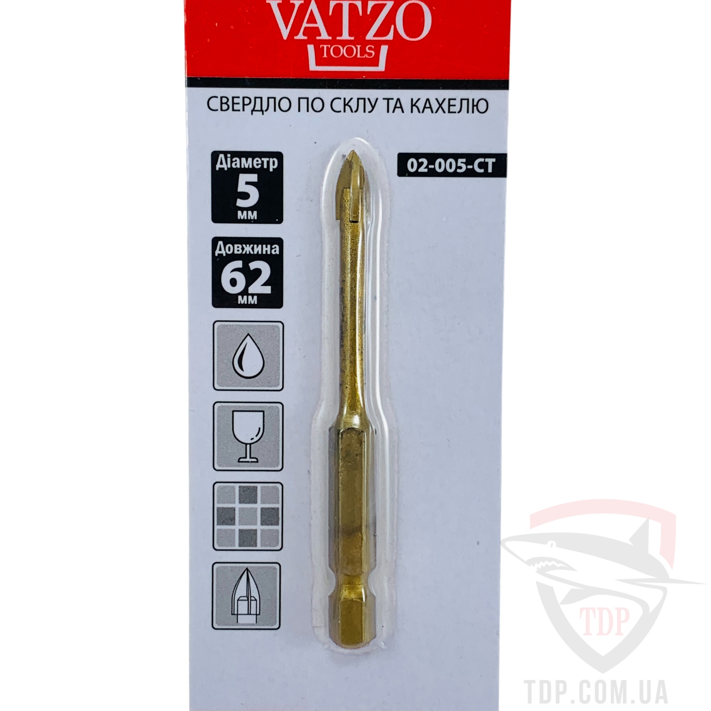 Свердло по склу VATZO 5x62 мм 4 пера з шестигранним хвостовиком (02-005-CT) - Фото №2