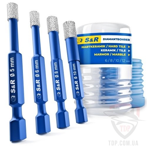 Алмазный инструмент Набір алмазних коронок по склу та керамiцi S&R Hex 1/4" 5-10мм 4шт (252500004)