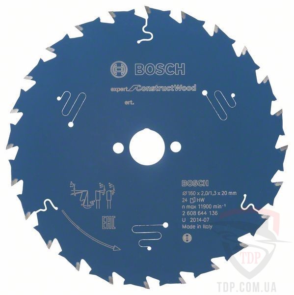 Оснастка Пильний диск по будівельній деревині Bosch 160x20x24z K2/1.3 Expert for Construct Wood
