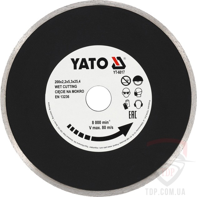 Диск алмазний суцільний по кераміці YATO 200x25.4x2.2мм (YT-6017)