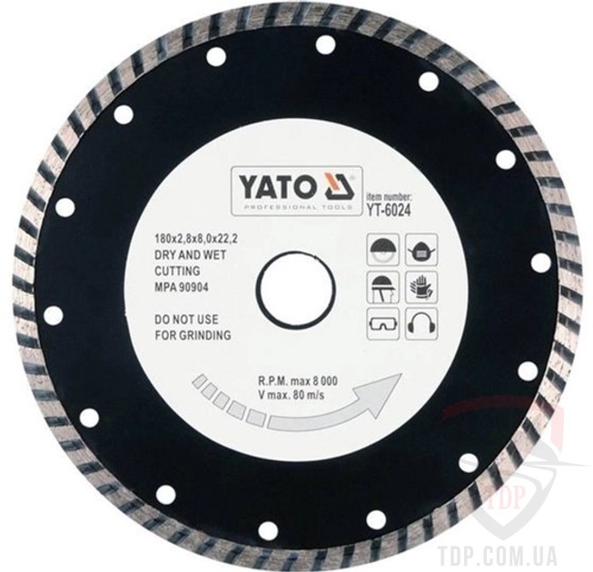 Алмазный инструмент Диск алмазний турбо по бетону YATO TURBO 180x22.2x2.8мм (YT-6024)